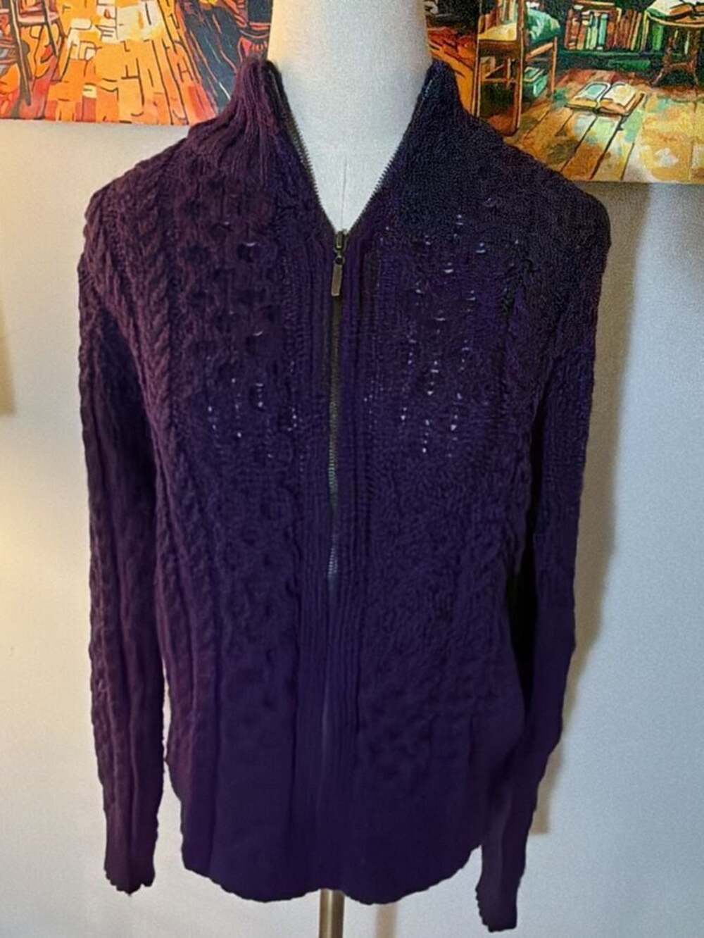 Inis Crafts 100% Merino Wool Purple Full Zip Cable Knit Mock Neck Sweater Medium